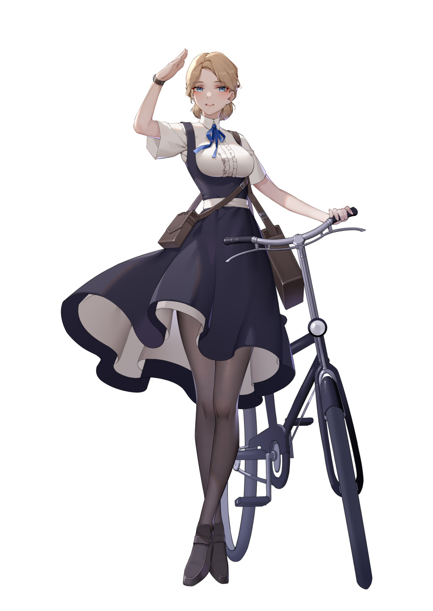 1girl, absurdres, arm_up, bag, belt, bicycle, black_dress, black_pantyhose