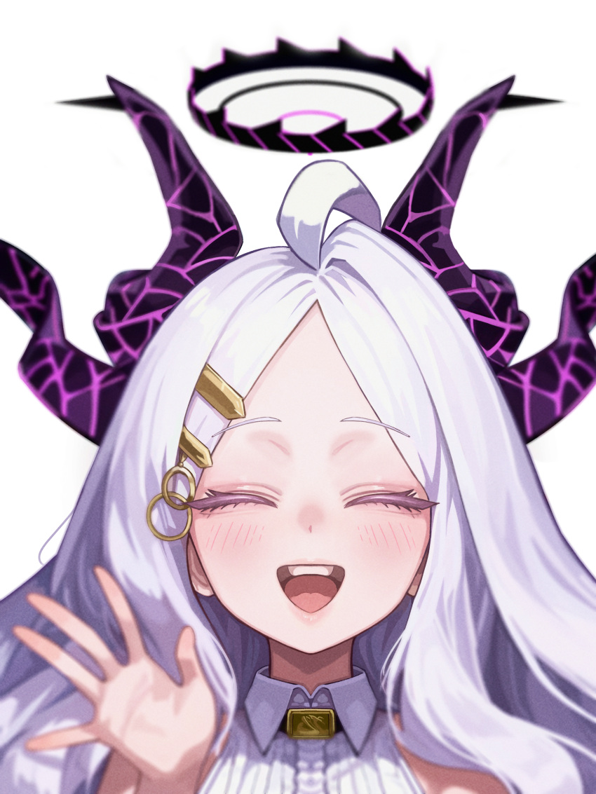 1girl, absurdres, black_halo, blue_archive, blush, demon_girl, demon_horns, halo