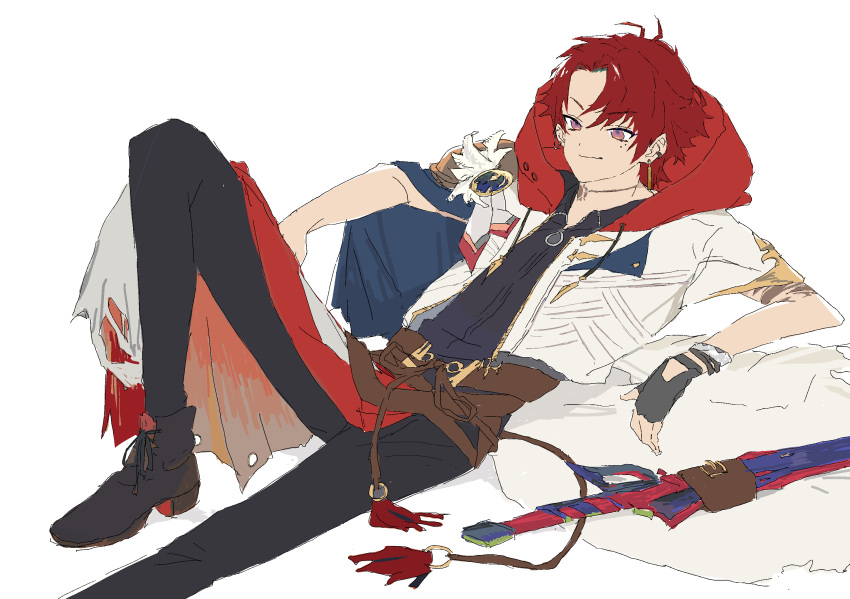 1boy, ahoge, ankle_boots, black_pants, black_shirt, boots, earrings, feathers
