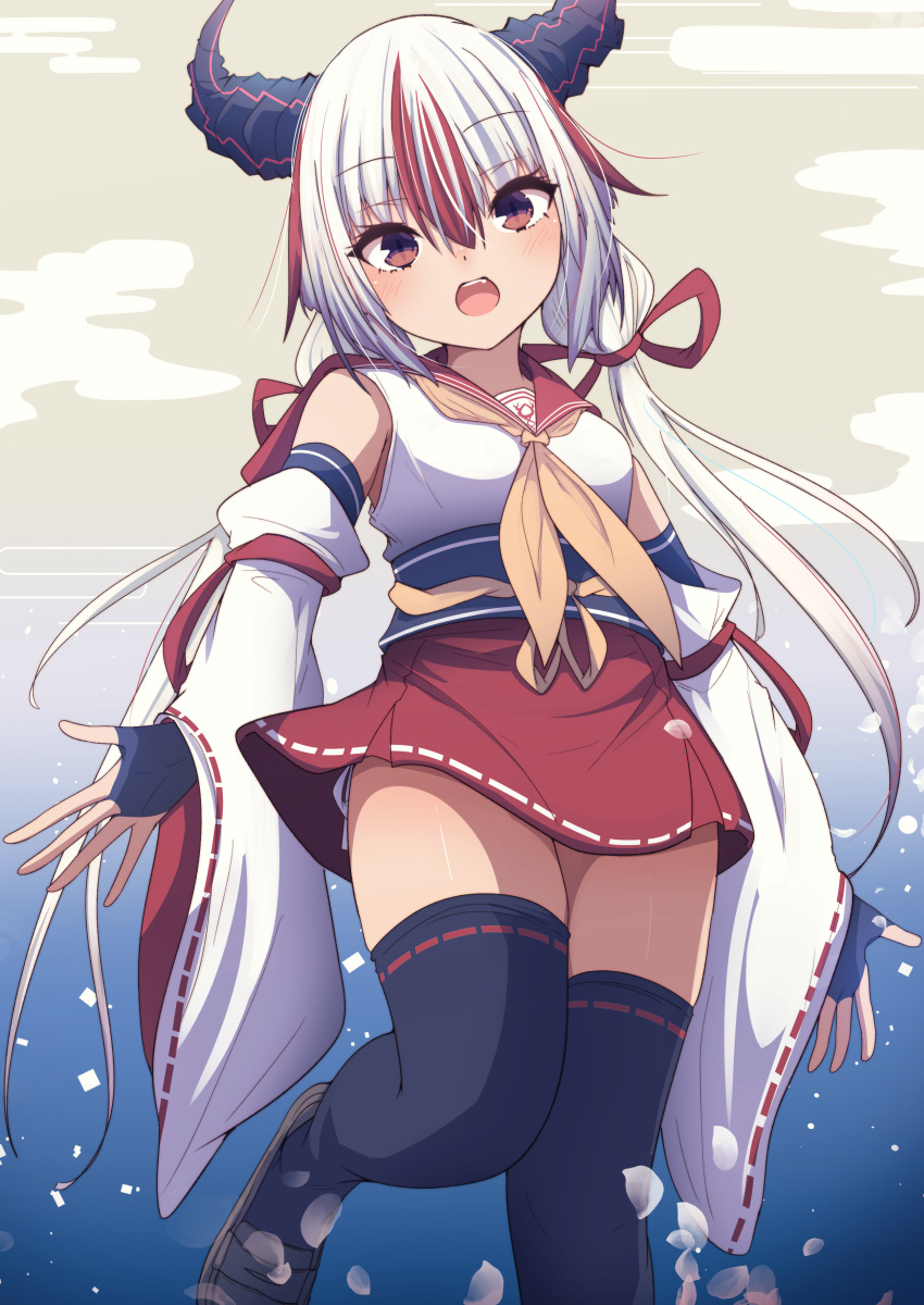 1girl, :d, absurdres, bare_shoulders, black_gloves, black_horns, black_oni, black_thighhighs