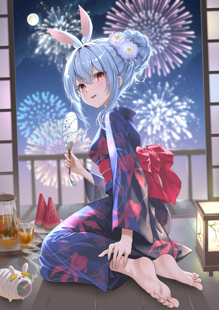 1girl, aerial_fireworks, alternate_costume, animal_ear_fluff, animal_ears, animal_print, barefoot, blue_flower