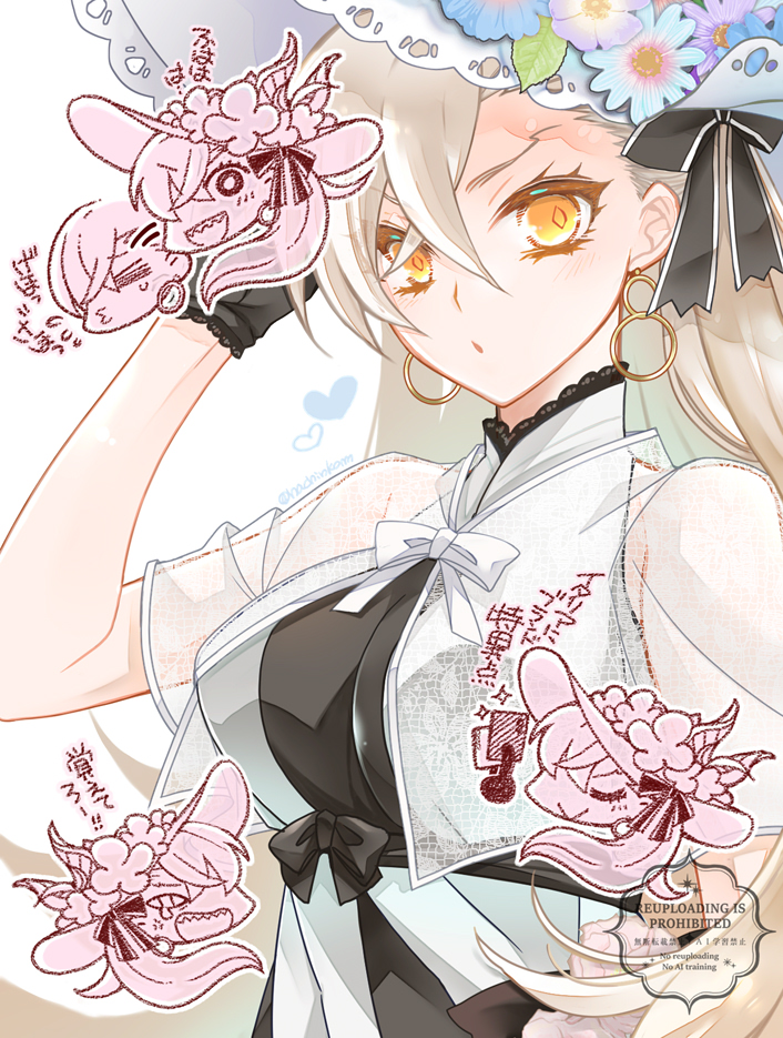 1girl, :d, ;>, =_=, black_bow, black_gloves, black_overskirt, black_ribbon