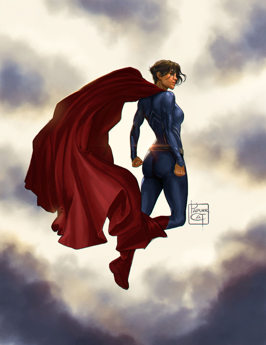 1girl, artist_name, black_hair, blue_bodysuit, bodysuit, boots, cape, dc_comics