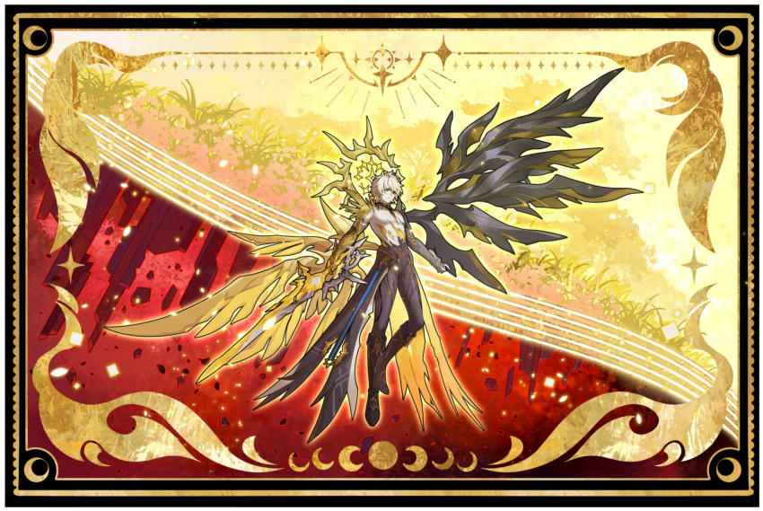 1boy, asymmetrical_wings, black_boots, blonde_hair, boots, border, coldeye, commentary_request