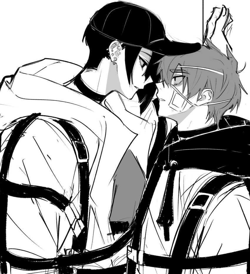 1boy, 1girl, against_wall, annoyed, asymmetrical_bangs, baseball_cap, choker, diagonal_bangs