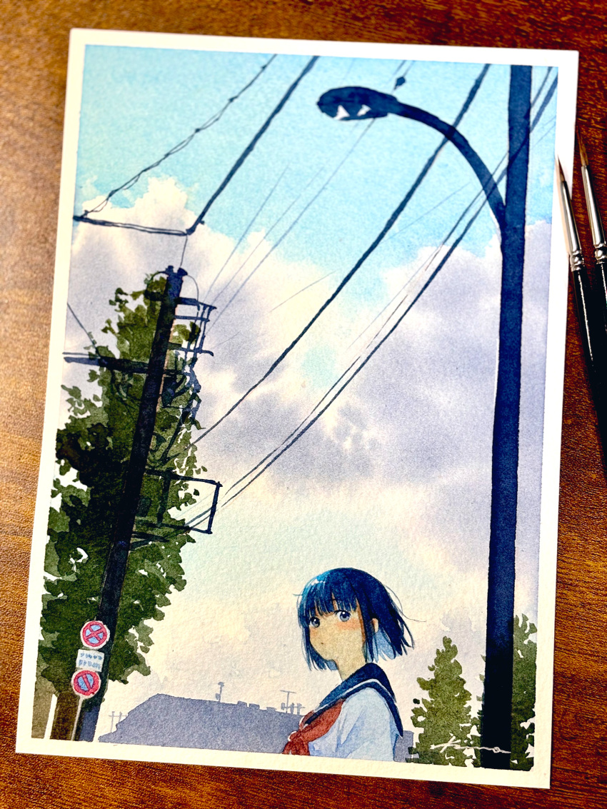 1girl, absurdres, aose_kiiro, ascot, blue_sky, clouds, day, highres