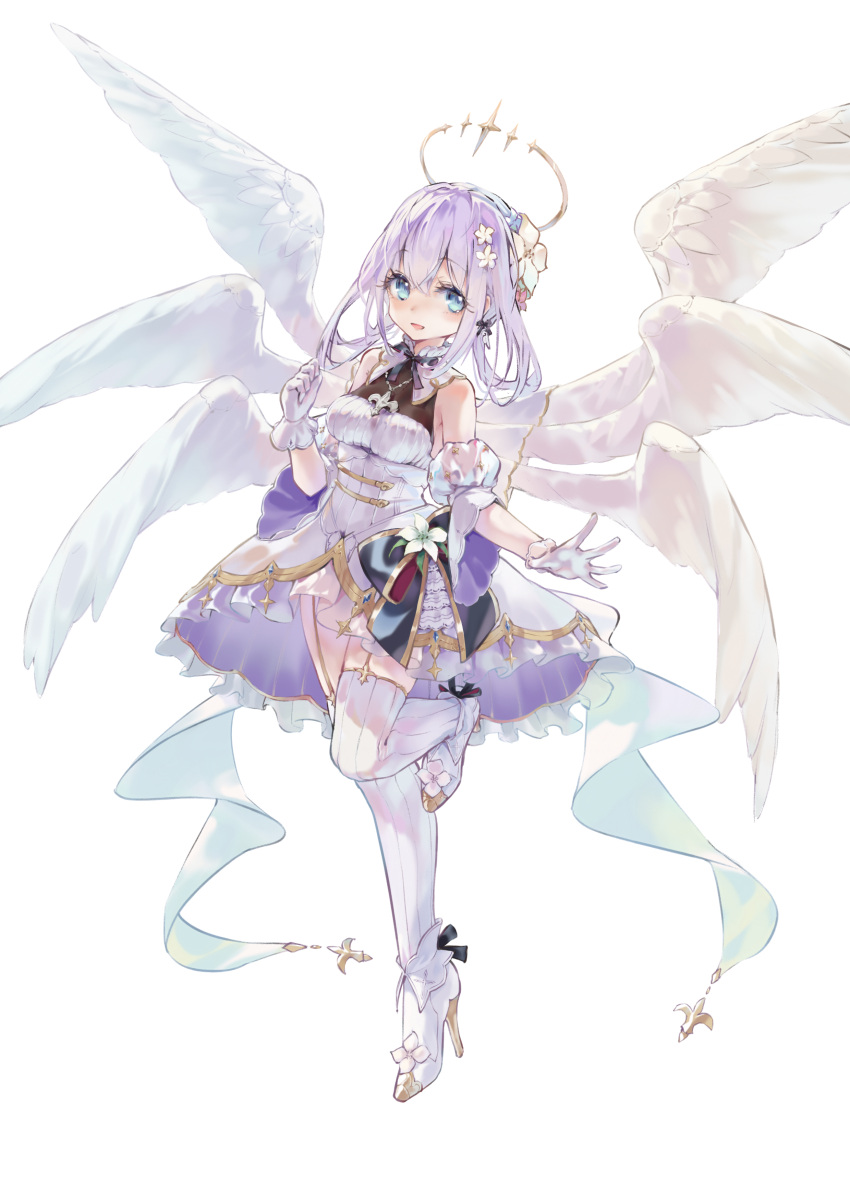 absurdres, angel, angel_wings, bare_shoulders, black_bow, blue_eyes, blush, boots