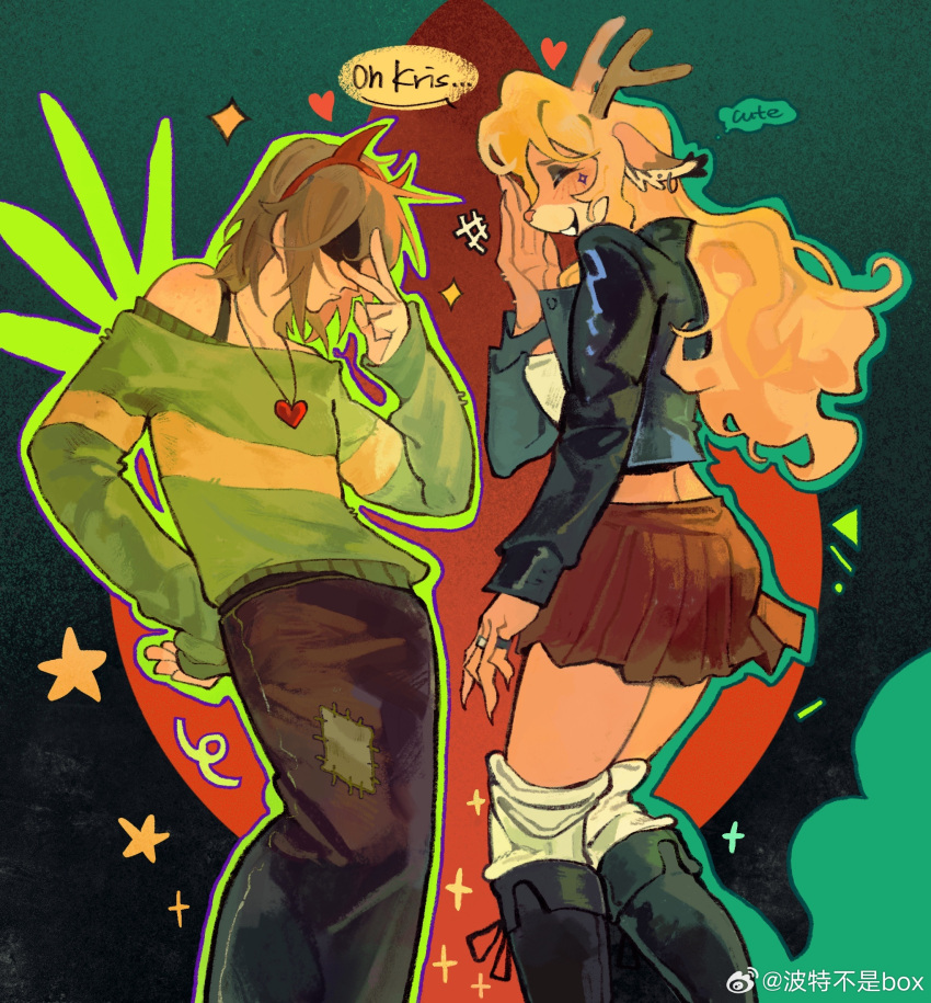 +++, 1girl, 1other, alternate_costume, animal_ears, antlers, black_boots, black_eyeshadow