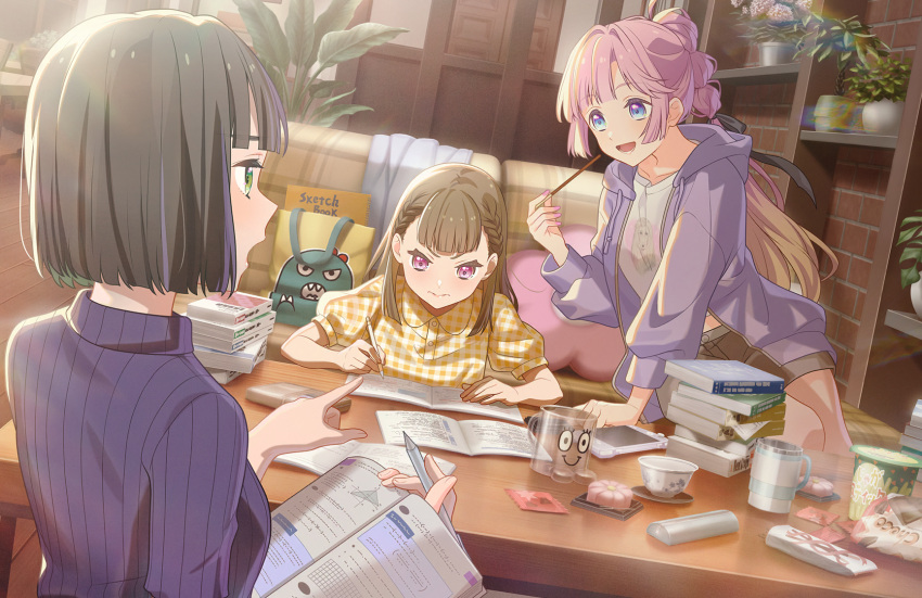3:, 3girls, :d, animal_print, anyoji_hime, black_hair, blue_eyes, blunt_bangs