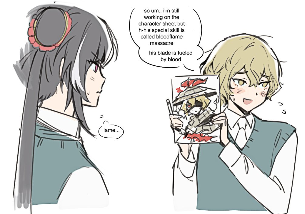 1boy, 1girl, 7011yu, alternate_costume, black_hair, blonde_hair, drawing_(object), english_text, flying_sweatdrops, hair_bun, jia_xichun_(project_moon), limbus_company, necktie, open_mouth, project_moon, short_hair, simple_background, sinclair_(project_moon), speech_bubble, sweat, thought_bubble, vest, white_background, yellow_eyes