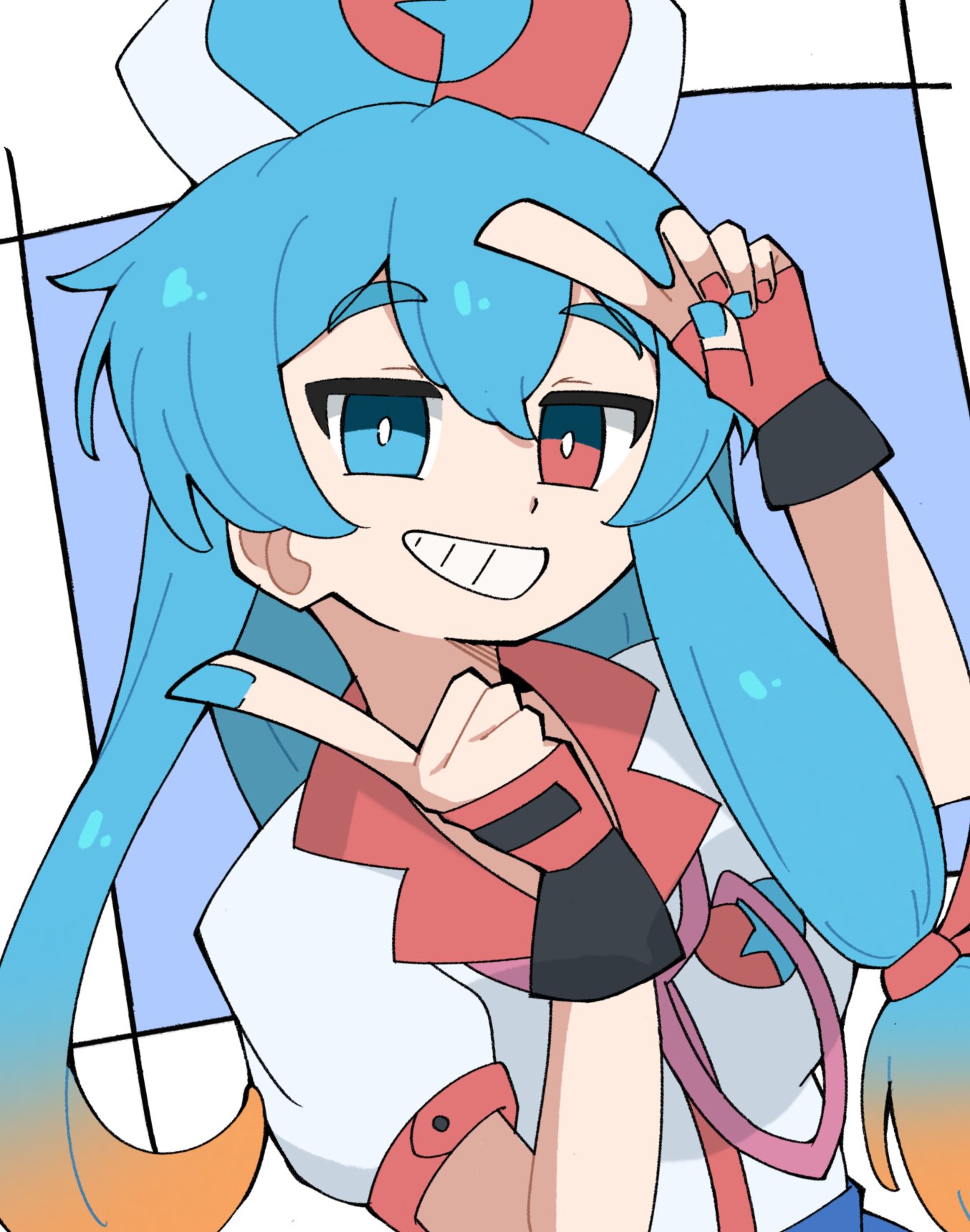 amehare_hau, arukudenshi, black_gloves, blue_background, blue_eyes, blue_hair, blue_nails, border