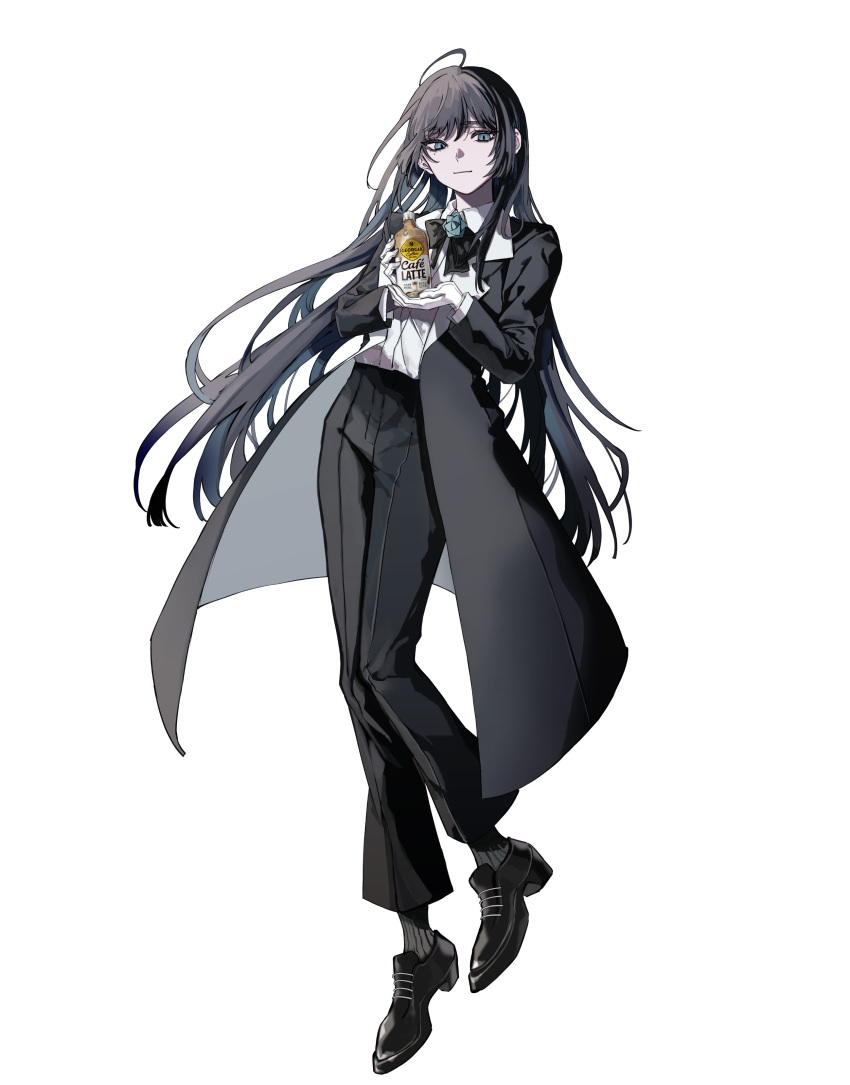 1girl, absurdres, ado_(utaite), ahoge, black_coat, black_hair, black_pants, black_shoes