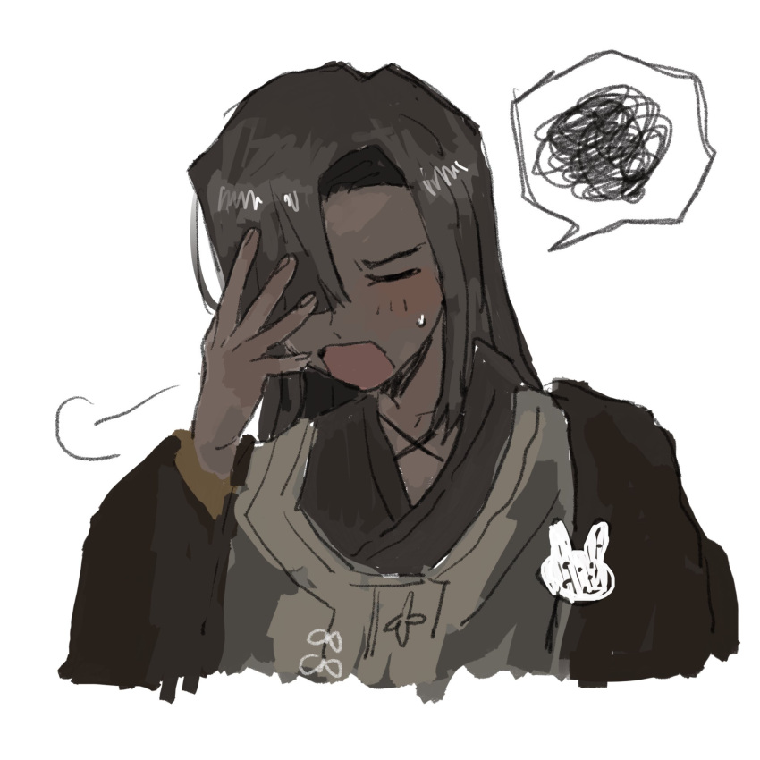 1girl, black_hair, blush, brown_robe, closed_eyes, dark-skinned_female, dark_skin, facepalm