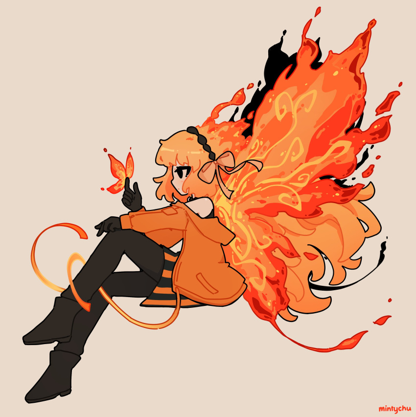1girl, absurdres, ardor_blossom_star_(e.g.o), black_dress, black_eyes, black_gloves, black_pants, black_shoes, bow, bug, butterfly, dress, e.g.o_(project_moon), fiery_hair, fiery_wings, full_body, gloves, hairband, highres, ishmael_(project_moon), jacket, limbus_company, long_hair, long_sleeves, looking_at_animal, minty_chu, orange_bow, orange_hair, orange_jacket, pants, project_moon, shoes, simple_background, sitting, solo, wings, yellow_background