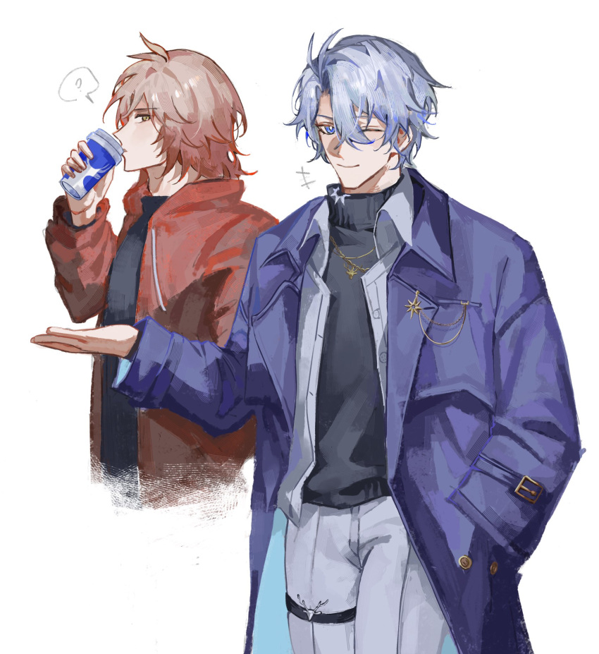 2boys, ?, antenna_hair, black_shirt, black_sweater, blonde_hair, blue_eyes, coat