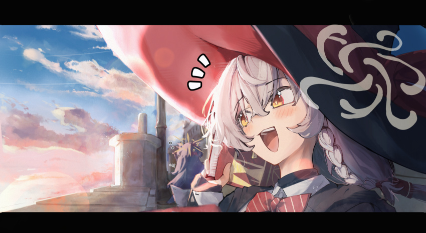 2girls, black_choker, black_hat, black_jacket, blue_archive, blush, book, bow