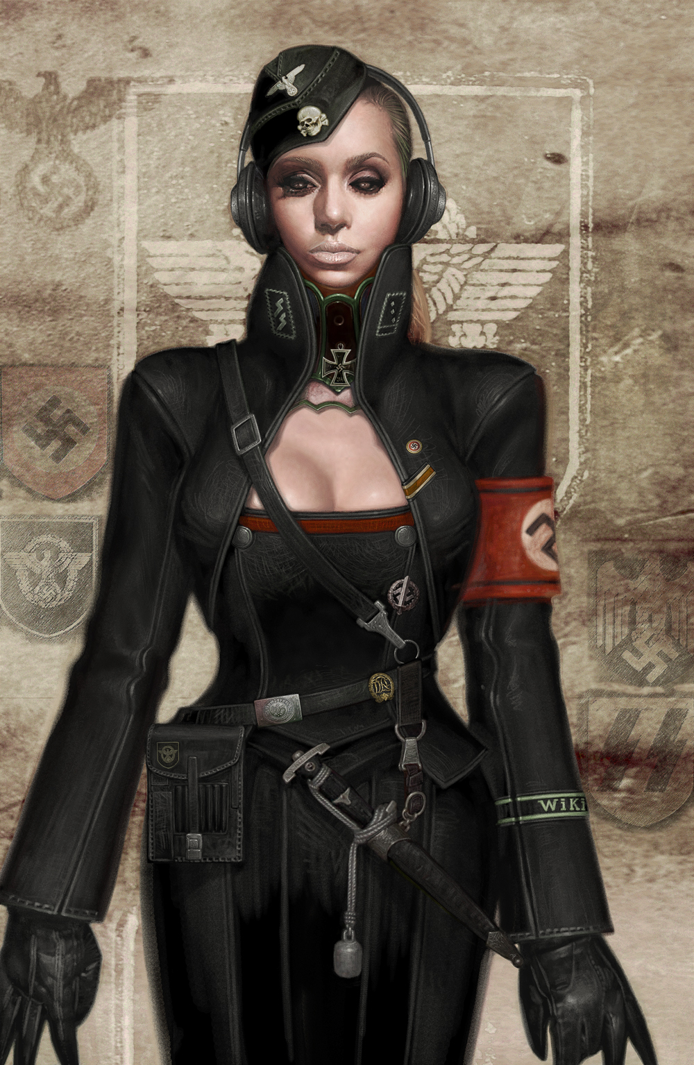 armband, artist_request, badge, belt, breasts, bustier, cleavage, garrison_cap