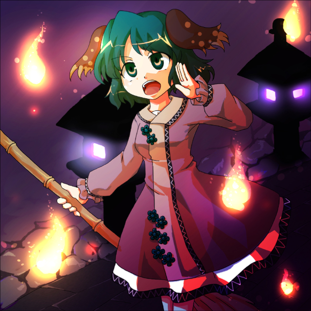 animal_ears, arm_up, bamboo_broom, broom, chitose-ame, chitose_(ame), dress, fire