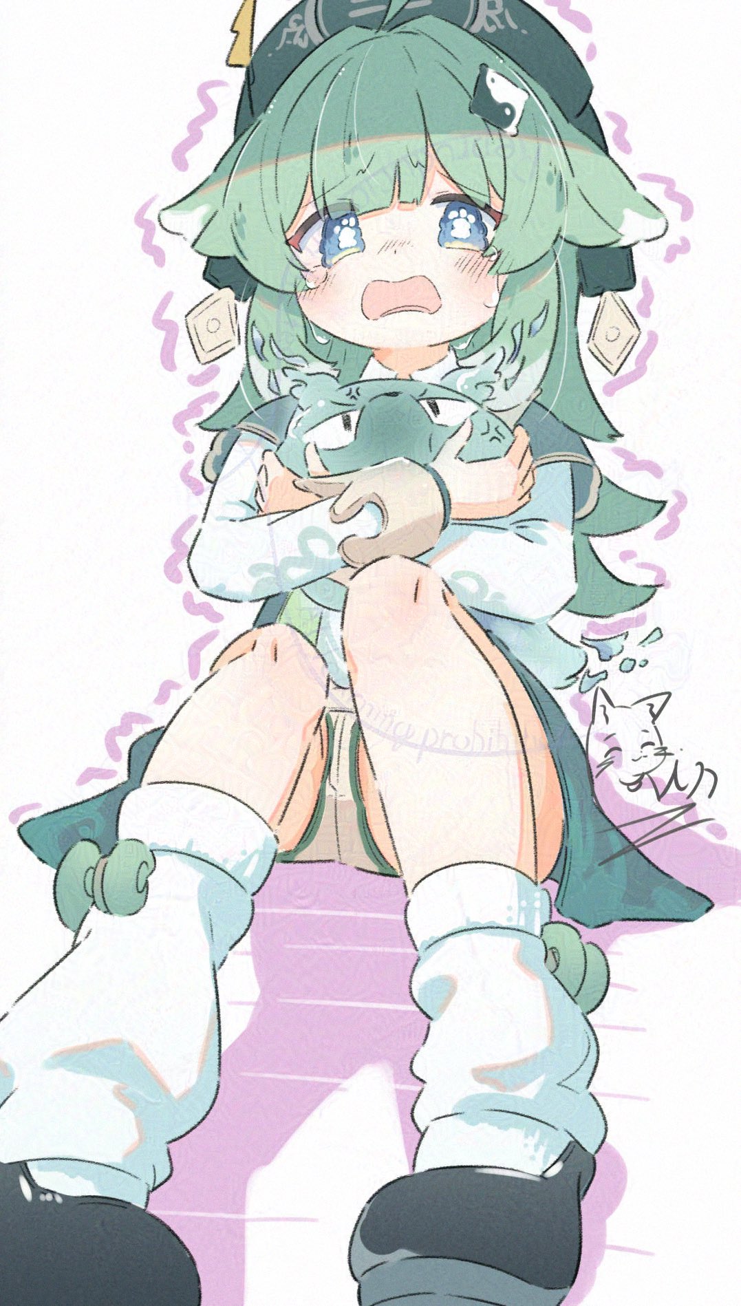 1girl, adversarial_noise, ahoge, animal_ears, blue_eyes, blush, crying, fox_ears