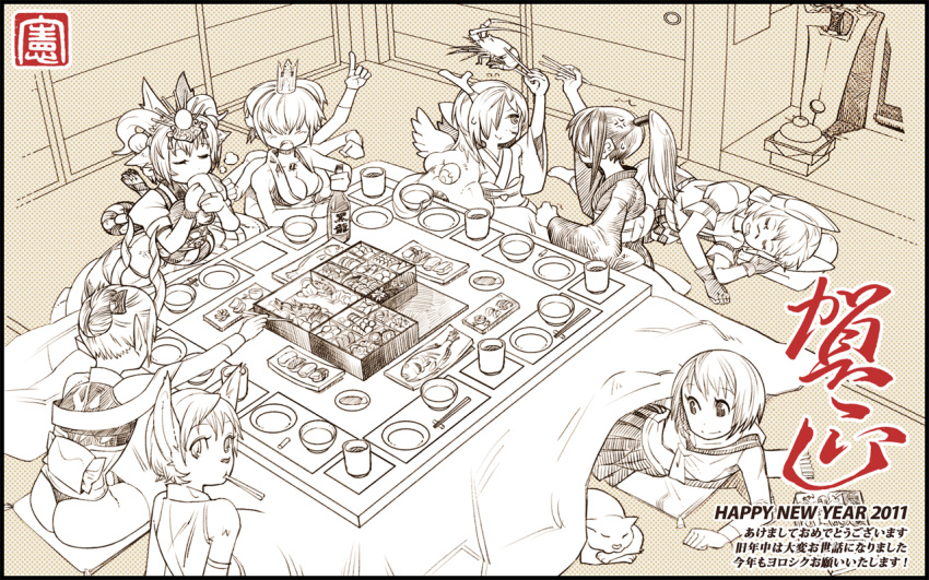 echizenya_tawara_no_kai_norihiko, horns, monochrome, multiple_hands, multiple_heads, original