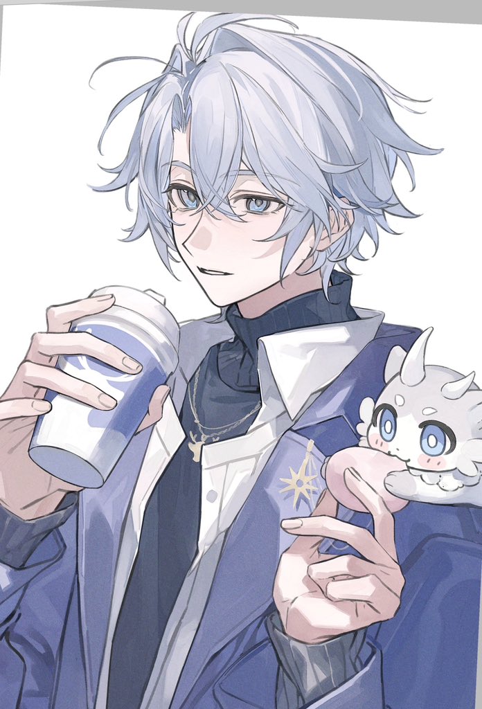 1boy, antenna_hair, black_sweater, blue_coat, blue_eyes, chimera_(honkai:_star_rail), coat, crossed_bangs