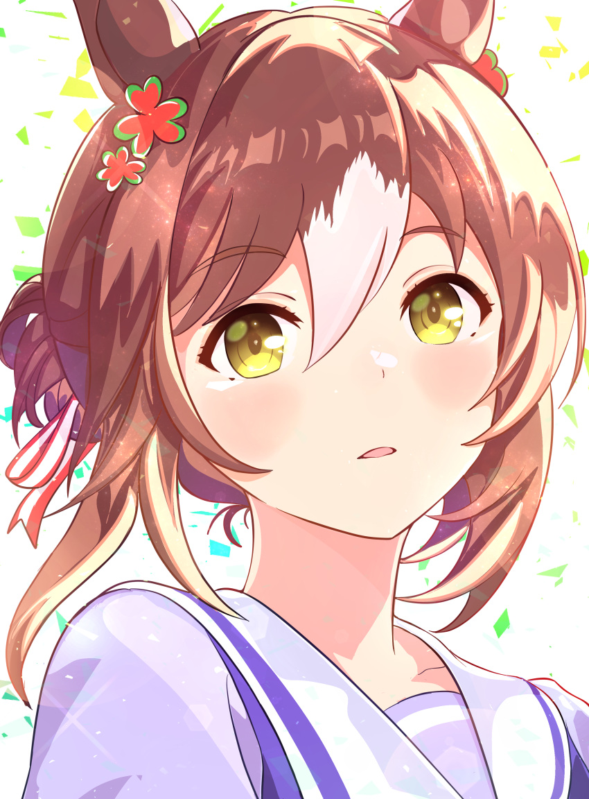 1girl, absurdres, animal_ears, blush, brown_hair, commentary, fine_motion_(umamusume), hair_between_eyes