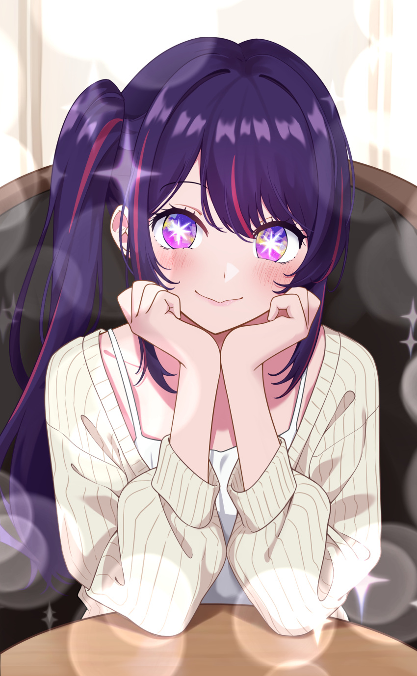 1girl, alternate_hairstyle, blush, cardigan, closed_mouth, elbows_on_table, hair_between_eyes, hands_on_own_chin