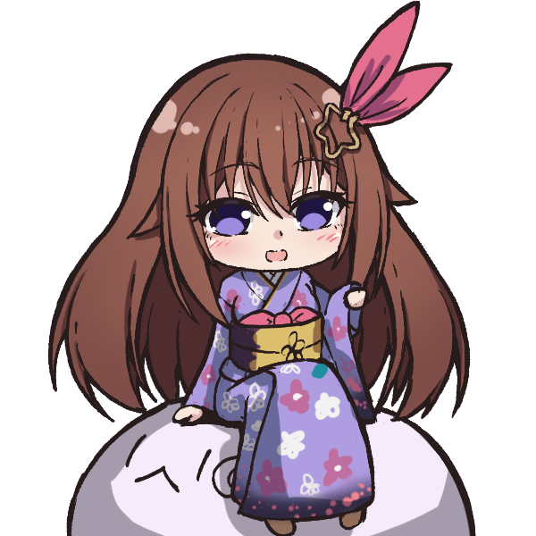1girl, blue_eyes, blue_kimono, blush, brown_hair, chibi, commentary_request, floral_print