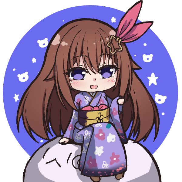 1girl, blue_background, blue_eyes, blue_kimono, blush, brown_hair, chibi, commentary_request