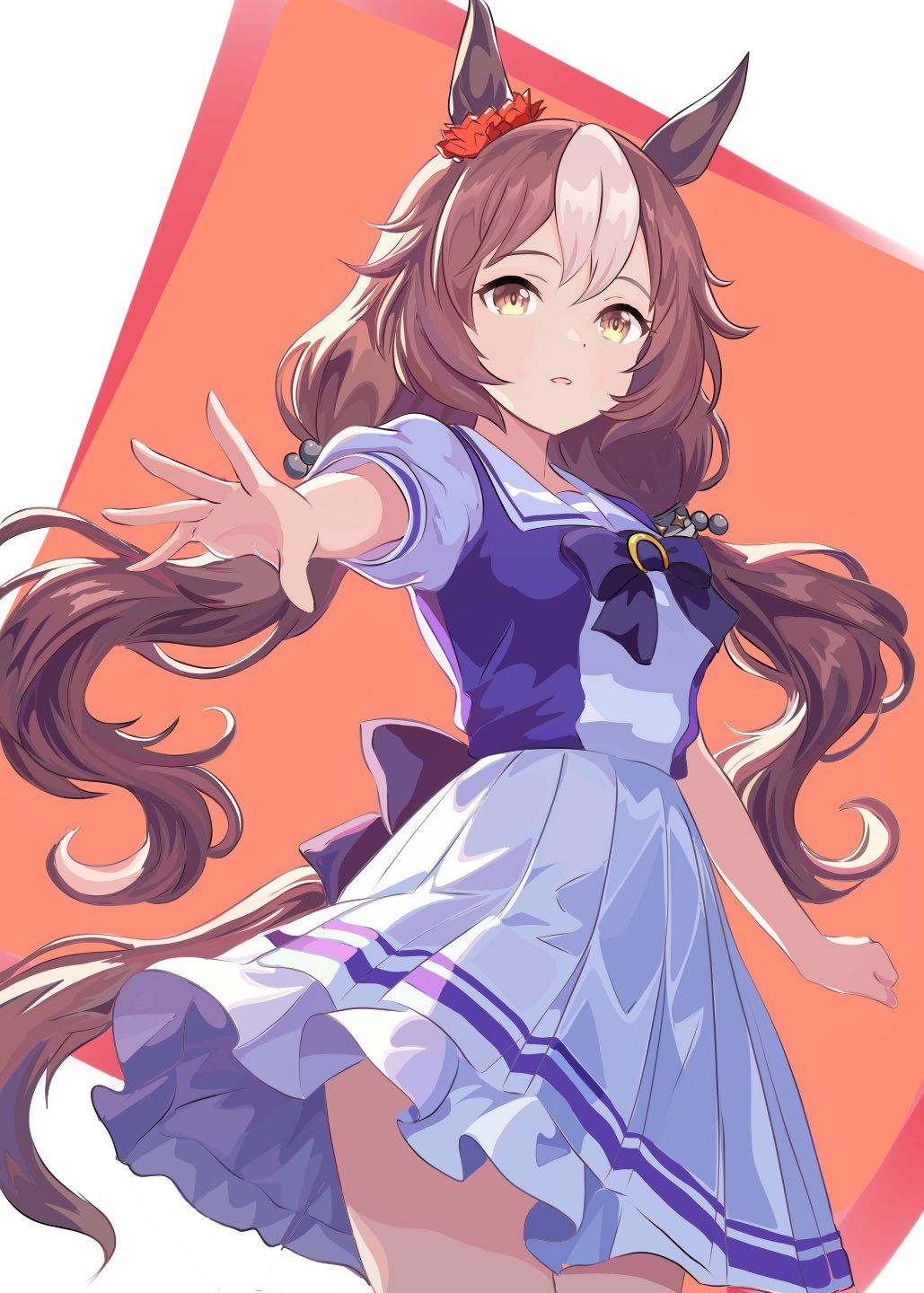 1girl, animal_ears, back_bow, blush, bow, bowtie, brown_hair, commentary