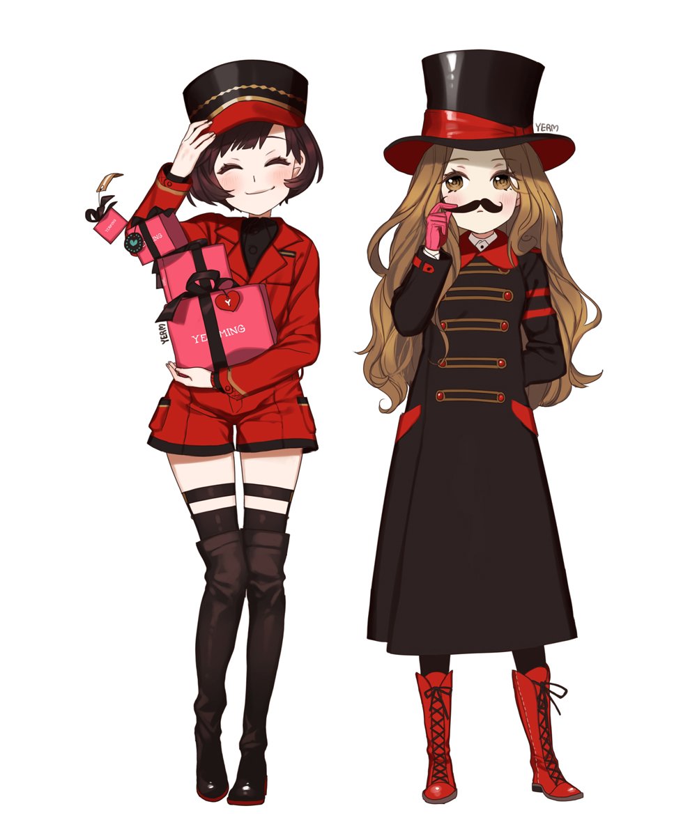 2girls, arm_behind_back, artist_name, black_boots, black_coat, black_shirt, black_thighhighs, blush