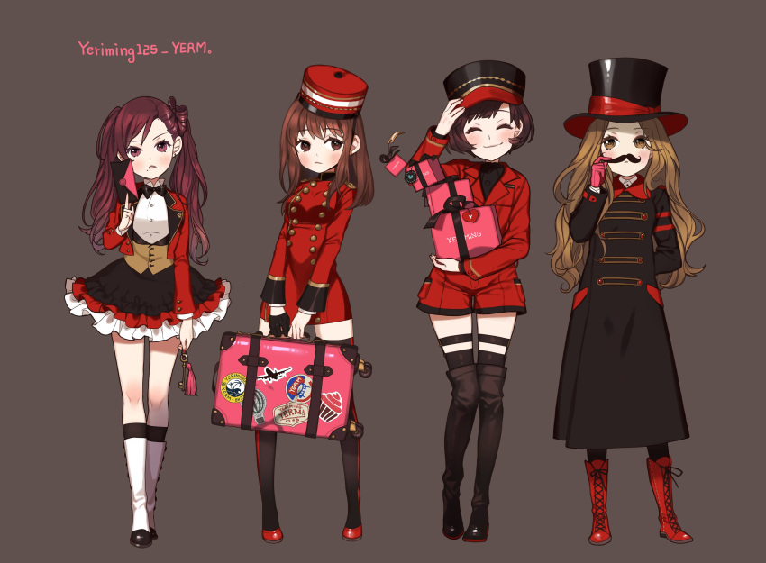 4girls, absurdres, arm_behind_back, artist_name, black_boots, black_coat, black_gloves, black_shirt