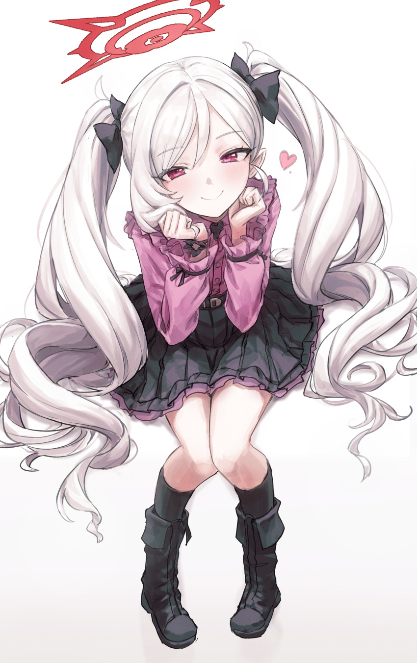 1girl, absurdres, alternate_costume, alternate_hairstyle, black_boots, black_bow, black_skirt, black_socks, blue_archive, blush, boots, bow, closed_mouth, commentary, gabang, hair_between_eyes, hair_bow, halo, highres, jirai_kei, knee_boots, kneehighs, long_hair, looking_at_viewer, mutsuki_(blue_archive), pink_shirt, red_halo, shirt, skirt, smile, socks, solo, twintails
