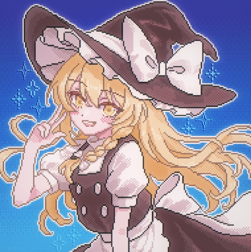 1boy, apron, aseprite_(medium), black_hat, blonde_hair, blue_background, blush, bow