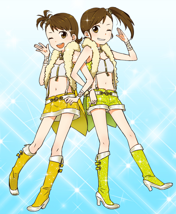 boots, brown_eyes, brown_hair, futami_ami, futami_mami, grin, hanatsuka, havel, idolmaster, idolmaster_2, long_hair, midriff, miniskirt, navel, open_mouth, short_hair, short_shorts, shorts, siblings, side_ponytail, sisters, skirt, smile, twins, wink, zipper