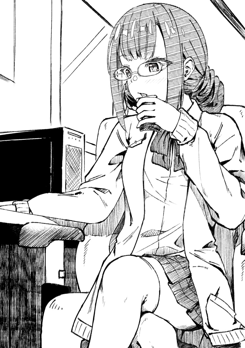 1girl, breasts, computer, drill_hair, glasses, heaven_burns_red, highres, higuchi_seika