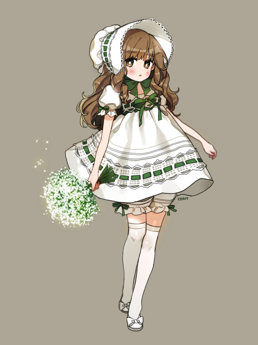 absurdres, artist_name, bloomers, blunt_bangs, blush, bonnet, bouquet, bow