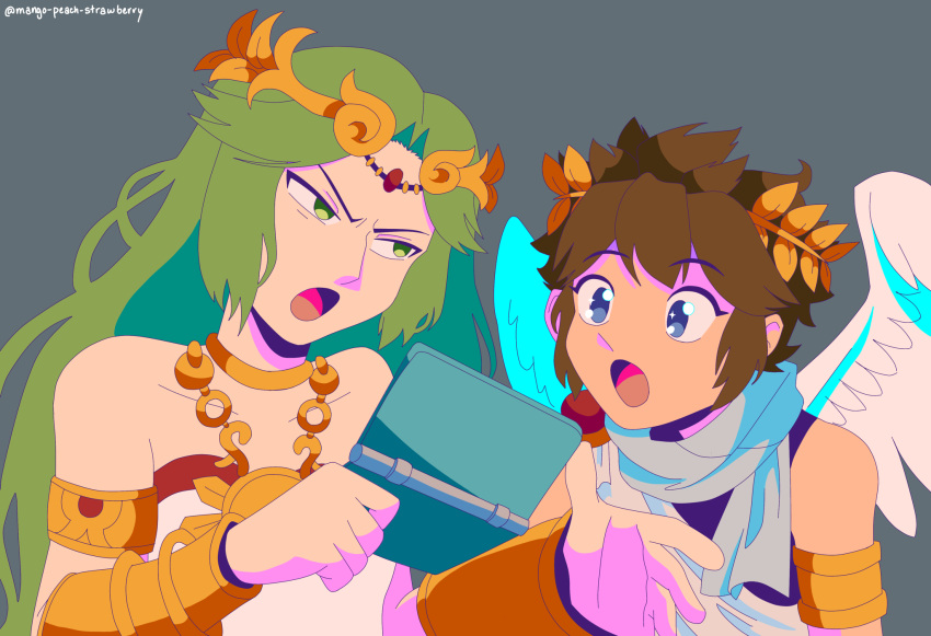 1boy, 1girl, 3ds, angel, angel_wings, blue_eyes, brown_hair, chain, circlet, derivative_work, gold_chain, green_eyes, green_hair, grey_background, handheld_game_console, highres, holding, holding_handheld_game_console, kid_icarus, kid_icarus_uprising, kid_icarus_uprising_tutorial_redraw_(meme), laurel_crown, mango-peach-strawberry, meme, nintendo_3ds, open_mouth, palutena, pit_(kid_icarus), scarf, tumblr_username, upper_body, white_scarf, wings
