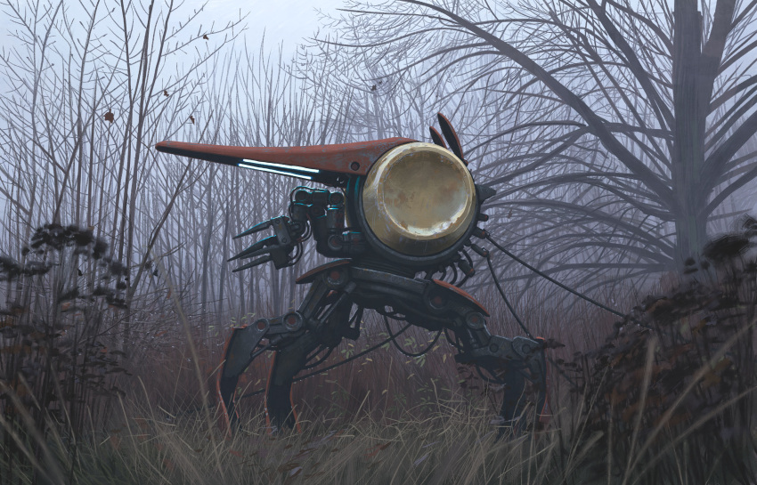 bare_tree, cable, day, forest, grass, highres, nature, no_humans, non-humanoid_robot, outdoors, robot, science_fiction, simon_stalenhag, sky, things_from_the_flood, tree