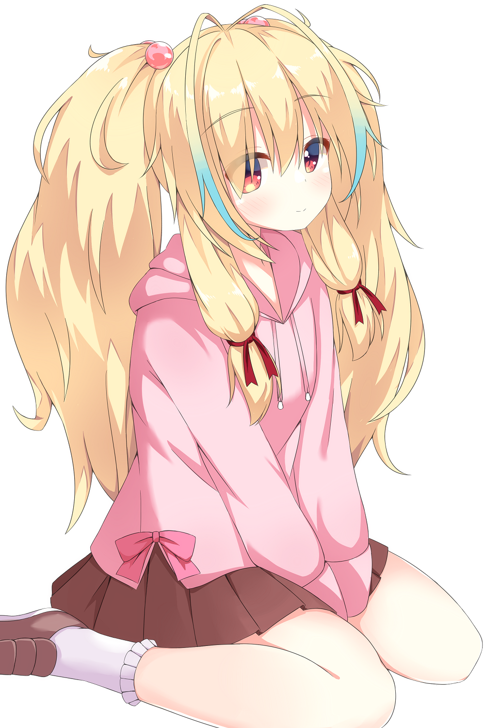1girl, blush, bow, bowtie, hanabusa_palvi, highres, jacket, long_hair, multicolored_hair, pink_bow, pink_bowtie, red_eyes, red_ribbon, ribbon, setsuna_ni_kakeru_koi_hanabi, shoes, sitting, skirt, smile, socks, twintails, white_socks, wistar1as