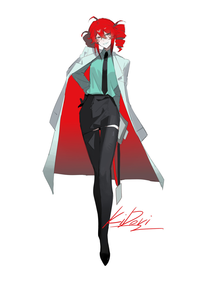 1girl, absurdres, aqua_shirt, black_boots, black_necktie, black_skirt, boots, coat