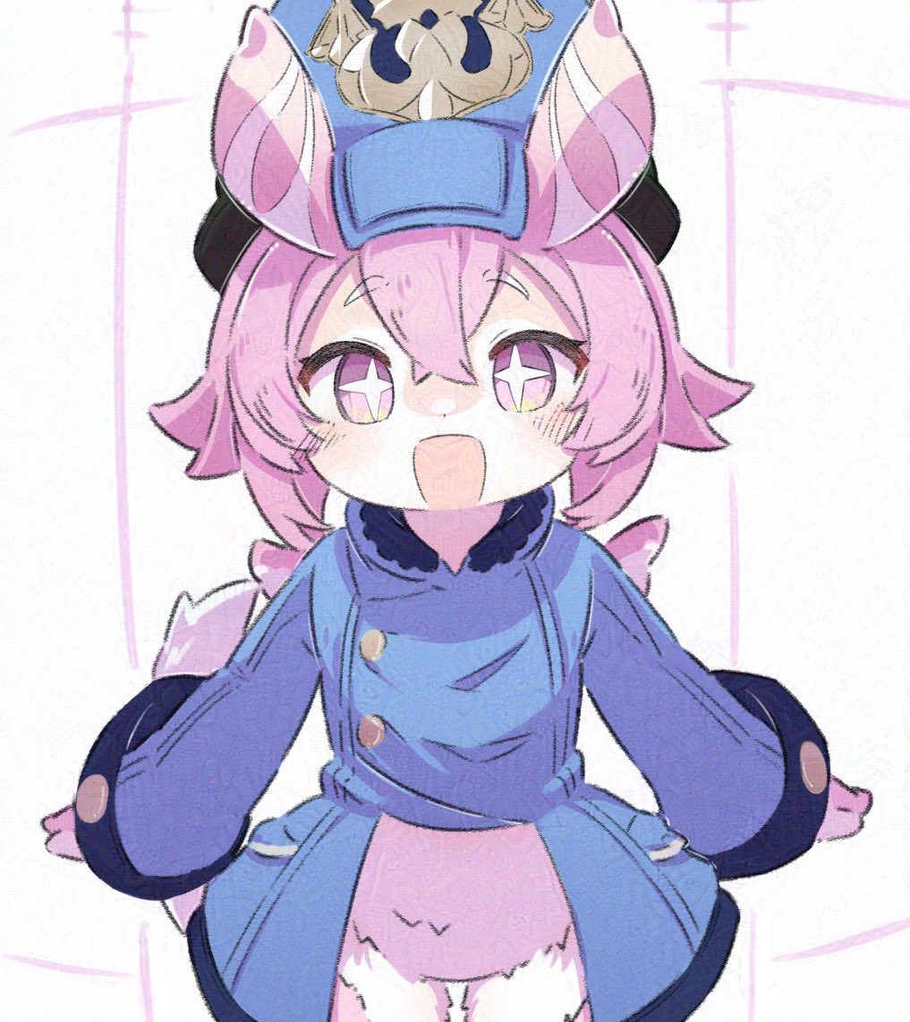 +_+, 1girl, animal_ears, blathine_(genshin_impact), blue_coat, blush, coat, cowboy_shot, crossed_bangs, furry, furry_female, genshin_impact, hair_between_eyes, hat, inaririn, long_sleeves, looking_at_viewer, open_mouth, pink_eyes, pink_fur, pink_hair, simple_background, smile, solo, tail, white_background, white_fur