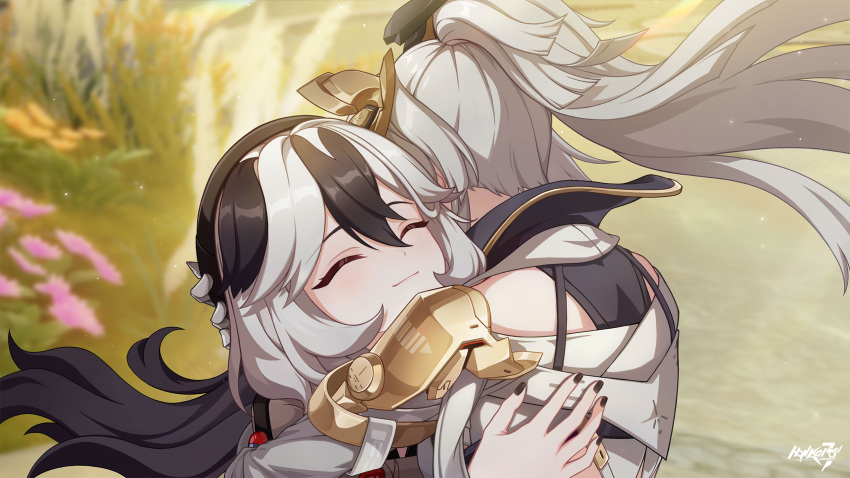 2girls, armor, beret, black_nails, blurry, blurry_background, bright_pupils, closed_eyes