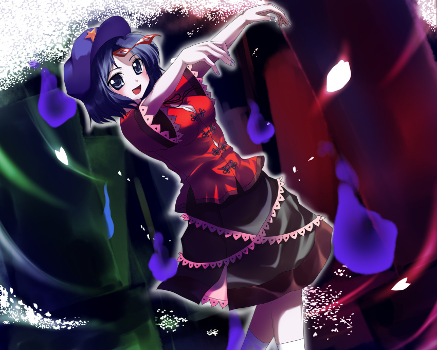 5:4, beret, blue_eyes, blue_hair, blush, fingernails, geung_si, ghost, hat, hidamarinet, highres, jiangshi, miyako_yoshika, nail_polish, ofuda, open_mouth, outstretched_arms, pale_skin, short_hair, skirt, smile, solo, touhou, wallpaper, zombie_pose