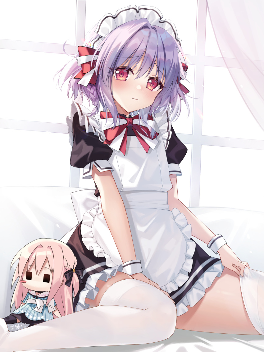 1boy, absurdres, apron, asuka_minato, bed, blush, highres, maid