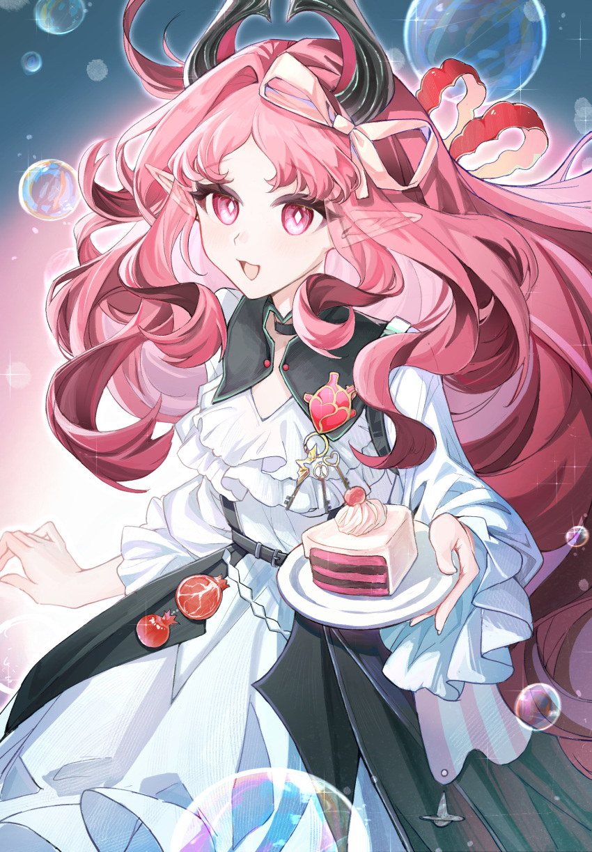 1girl, :d, arknights, bubble, cake, cake_slice, da_li_yuan_xian_miao_mao, demon_horns, diamond-shaped_pupils, diamond_(shape), dress, food, highres, holding, holding_plate, horns, key, long_hair, long_sleeves, looking_at_viewer, nymph_(arknights), nymph_(sweetness_to_the_heart)_(arknights), official_alternate_costume, open_mouth, pink_hair, plate, pointy_ears, smile, solo, symbol-shaped_pupils, white_dress