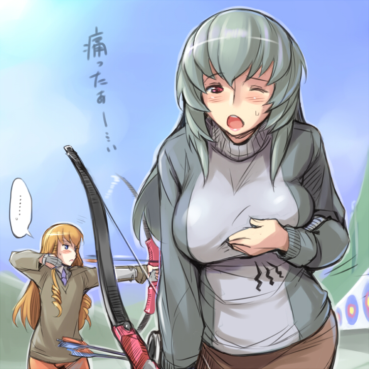 2girls, adult, archery, arrow, blonde_hair, blue_eyes, blush, bow_(weapon), breast_envy, breasts, casual, large_breasts, long_hair, multiple_girls, red_eyes, rozen_maiden, rozenweapon, shinku, silver_hair, single_glove, suigintou, sweatdrop, sweater, weapon, wink, yugake