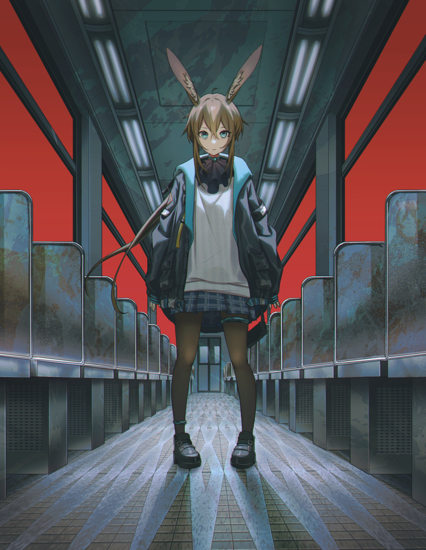 1girl, absurdres, amiya_(arknights), animal_ears, ankle_strap, arknights, ascot, black_jacket