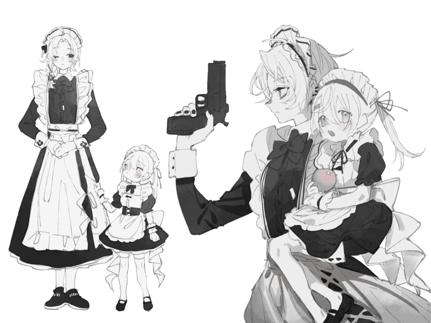 1boy, 1girl, aged_down, ahoge, apron, back_bow, bow, braid, carrying, carrying_person, child, crossdressing, crossdressing_(mtf), dress, frilled_apron, frills, full_body, greyscale, gun, highres, holding, holding_gun, holding_weapon, kanae_(20th_costume)_(nijisanji), kanae_(nijisanji), long_hair, long_sleeves, maid, maid_apron, maid_headdress, male_maid, mary_janes, monochrome, multiple_views, nail_polish, nijisanji, official_alternate_costume, okino58414377, puffy_short_sleeves, puffy_sleeves, shiina_yuika, shiina_yuika_(5th_costume), shoes, short_sleeves, sleeve_cuffs, thigh-highs, trap, virtual_youtuber, weapon