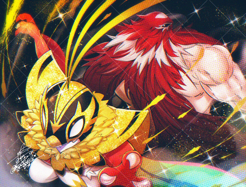 1boy, animal_head, bird, bird_mask, blank_eyes, boots, claws, fatal_fury, fatal_fury:_city_of_the_wolves, furry, hawlucha, highres, luchador, luchador_mask, male_focus, mask, mega_hawlucha, mega_pokemon, muscular, muscular_male, pectorals, plume, pokemon, pokemon_(creature), pokemon_legends:_z-a, simple_background, snk, spandex, sudachi0315, tizoc_(snk), topless_male, wing_cape, wrestler, wrestling, wrestling_mask, wrestling_outfit